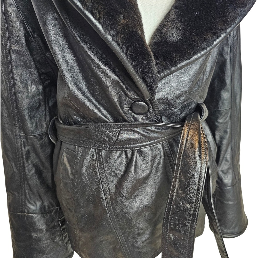 MGR Womens VTG‎ 90s Leather Jacket Coat Faux Fur Collar Medium Mob Wife Grunge - Picture 7 of 16